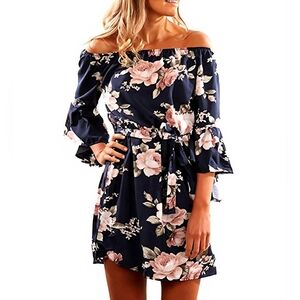 Floral Off-Shoulder Navy Dress